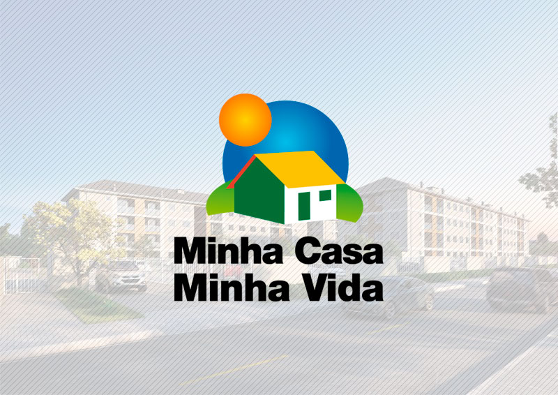 Imagem mostrando o logo do minha casa minha vida, com casas no fundo da imagem